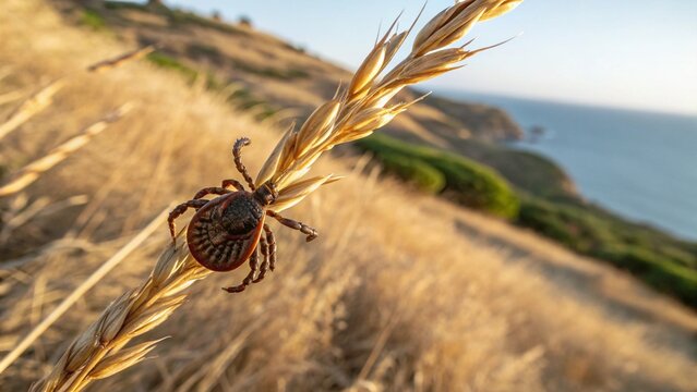 Pacific Coast tick clinging to a dry blade of grass in its natural coastal habitat