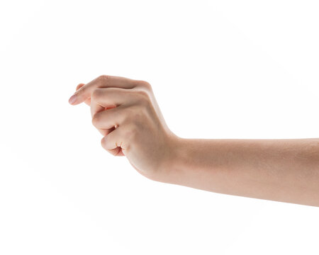 Female hand to hold something with fingers isolated on white