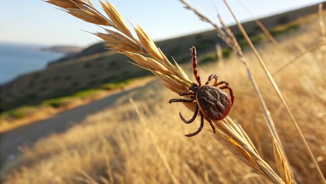 Pacific Coast tick clinging to a dry blade of grass in its natural coastal habitat