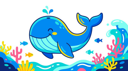 Fototapeta premium Happy Blue Whale Swimming With Small Fish Underwater Ocean Life