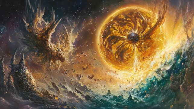A celestial dragon battles a giant, fiery orb in a space filled with swirling debris.