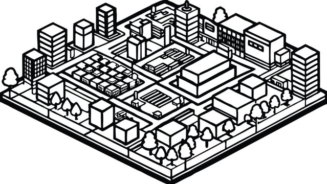 Black and white detailed urban planning cad blueprint of residential area top-down view