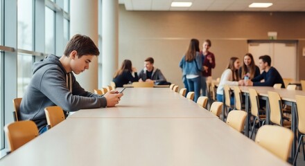 Fototapeta premium Teenage boy engrossed in his smartphone at a long table in a busy school cafeteria feeling isolated amidst peers socializing in the background