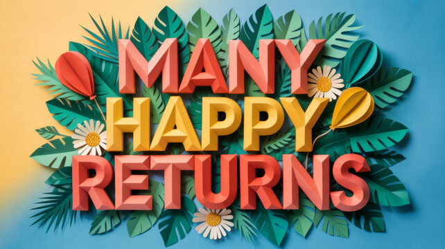 Vibrant three dimensional paper craft lettering featuring the phrase many happy returns surrounded by colorful tropical leaves and flowers in this artistic studio style creative photograph