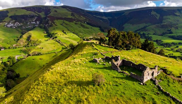 Abandoned castle ruins in green landscape.