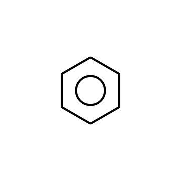 Minimalist industrial nut icon featuring a clean hexagonal shape with a circle in the center. Thin black outline vector illustration representing hardware tools, mechanical engineering fasteners, conf