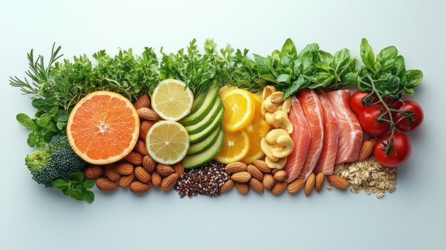 Healthy food arrangement, flatlay, white background, diet plan