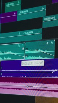 Close-up cinematic footage of a video editor working inside professional editing software. Timeline editing, color grading, sound design, waveform adjustments, and creative post-production workflow .