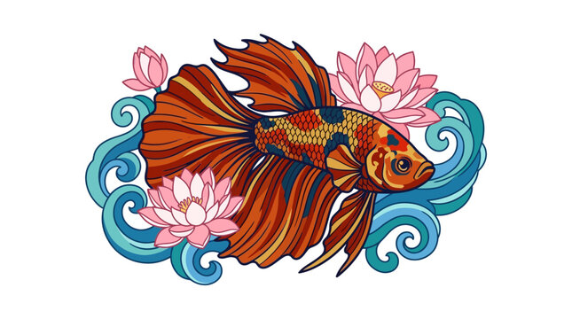Vibrant Betta Fish Swimming Among Lotus Flowers and Water Waves
