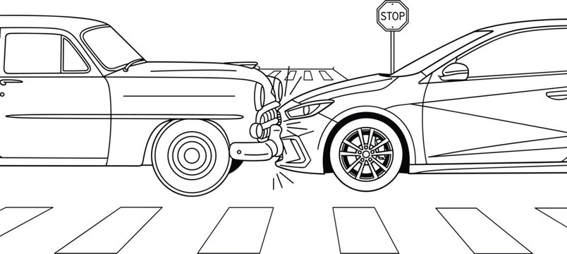 Car Accident Line Art Featuring Head-On Collision Between Vintage Classic Automobile and Modern Sedan Vehicle at Crosswalk Near Stop Sign