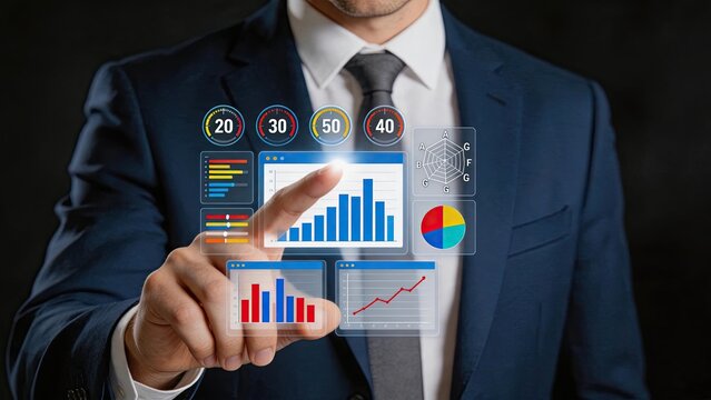 Businessman in suit interacting with virtual financial dashboard showing bar charts, pie graphs, radar plots, and growth metrics. Data analysis concept, market research, strategic