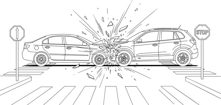 Car Accident Line Art Concept Showing Head-On Collision Between Sedan and SUV Vehicle at Intersection Crosswalk with Stop Sign