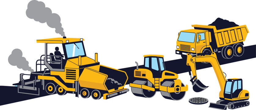 Heavy Road Construction Machinery Set with Asphalt Paver Finisher, Steam Roller Compactor, Tipper Dump Truck, and Mini Tracked Excavator