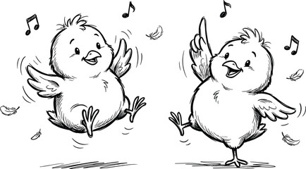 Naklejka premium Two Cute Happy Dancing Baby Chick Cartoon Characters with Music Notes and Falling Feathers Line Art Vector Illustration for Easter and Kids Coloring Book Designs