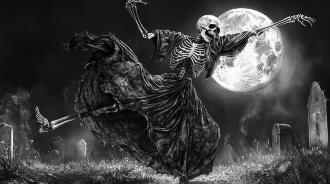 A skeletal figure in a tattered gown dances in a graveyard under a full moon.