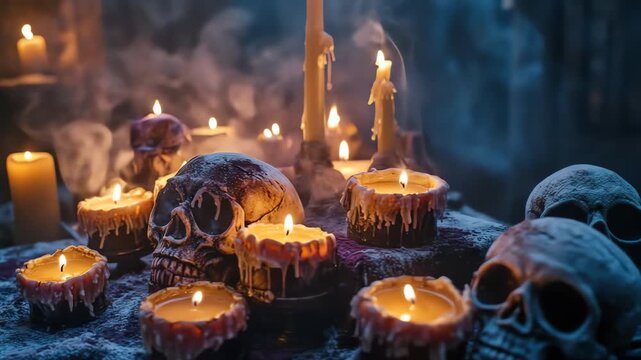 Lit candles and skulls display on tabletop with smoky atmosphere