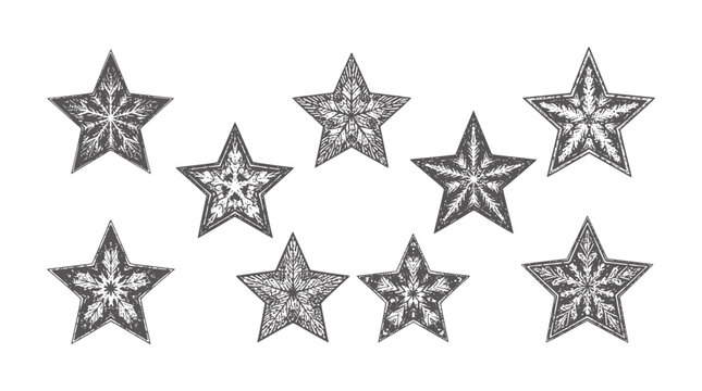 Collection of dark gray textured stars with snowflake patterns