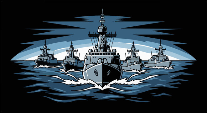 Five warships sail in formation on a choppy sea under dramatic skies