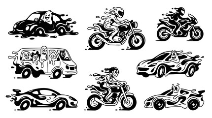 Abstract Cartoon Vehicles and Riders, Dynamic Motion, Black and White © Labib