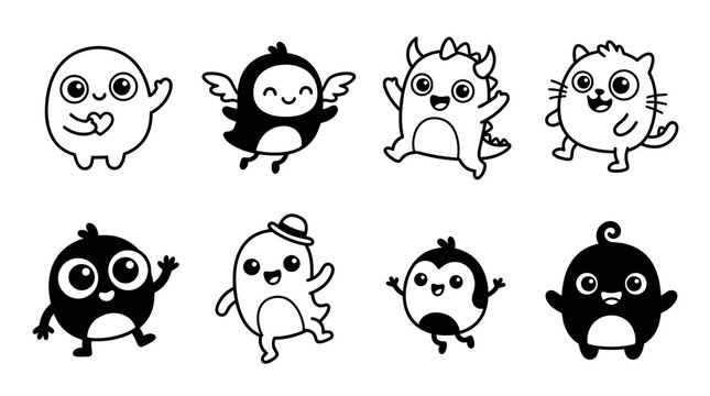 Cute Cartoon Monsters, Characters, Kawaii Creatures, Doodle Style