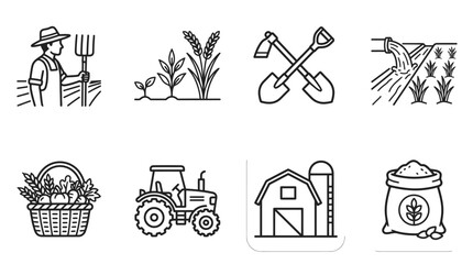 Farming Icons: Farmer, Plants, Tools, Harvest, Tractor, Barn, Fertilizer © Labib