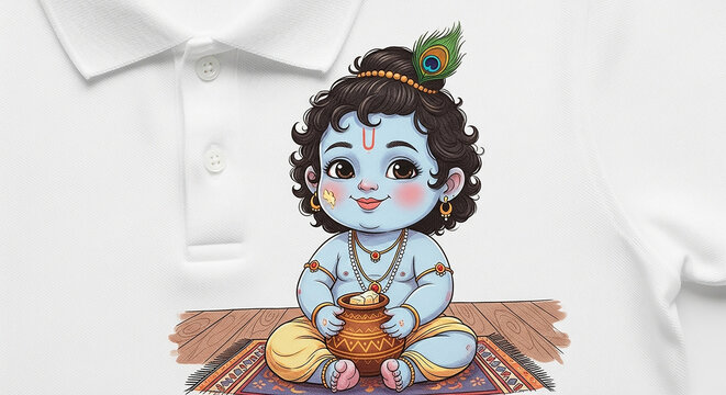 Little krishna illustration on white polo shirt for kid fashion wear.