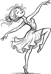 Graceful Female Ballet Dancer Performing Elegant Contemporary Dance Pose in Flowing Dress Cute Line Art Vector Illustration for Coloring Book Designs © Lcpl