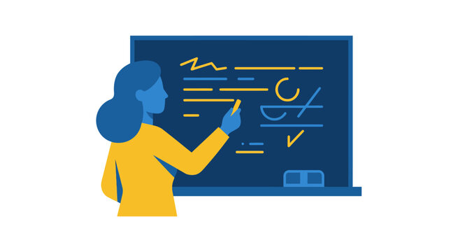 Flat vector illustration depicting a professional school teacher writing on a blackboard, representing educational instruction, learning, and academic development