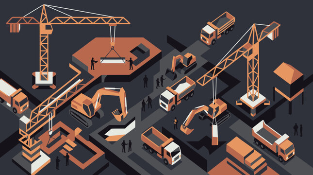 Isometric construction site with cranes, excavators, and trucks, depicting urban development and infrastructure projects