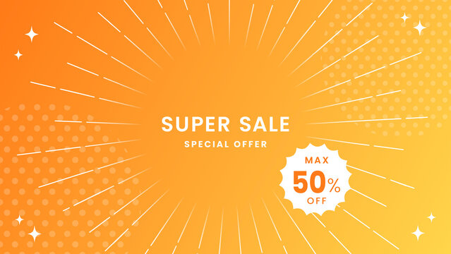 Super Sale Orange Background with Radial Burst and Discount Label オレンジの放射線スーパーセール背景と割引ラベル