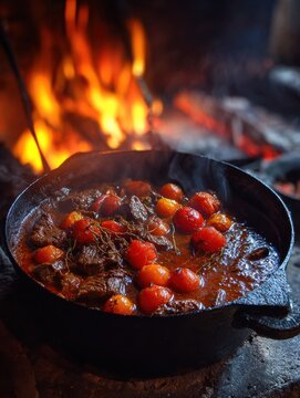 Traditional Georgian Ostri Beef Tomato Stew in a Cast Iron Pot Over Wood Fire