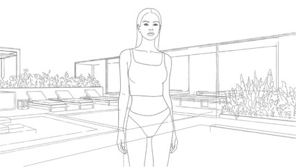 A woman stands confidently in a 2D CAD designed sports arena with spectators. © Stock Image Paradise