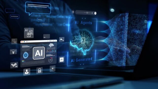 AI Agents and AI Generated Tech Interface with Digital Brain Hologram on Laptop