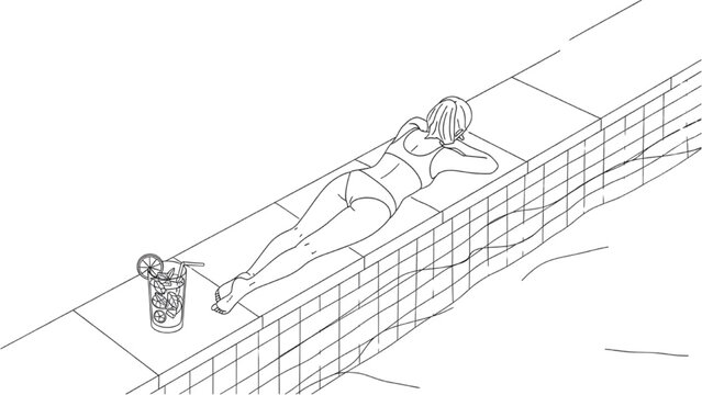 Woman relaxes on a 2D CAD designed rooftop pool deck with a drink