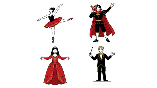 Set of Performing Arts Vector Illustrations Featuring a Ballerina, Costume Actor, Opera Singer, and Orchestra Conductor