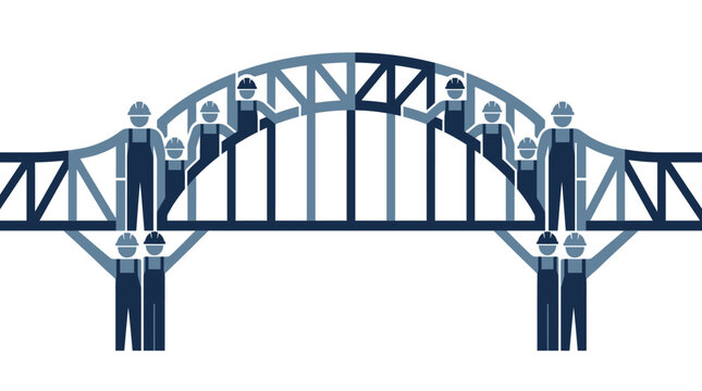 Teamwork makes the dream work, illustration of construction workers building a bridge together symbolizing unity and collaboration
