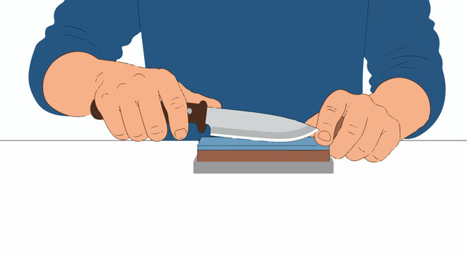 Person's hands sharpening a kitchen knife on whetstones