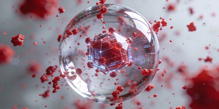 3D Cyber Stress Test Glass Sphere Protecting Data Cube From Red Particles For Risk Oversight And Technology Security