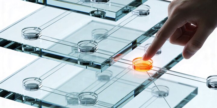 Human finger selecting glowing bottleneck node on transparent glass system layers for enterprise orchestration technology background with clean copy space