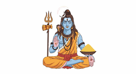 Obraz premium Meditative blue deity in orange robes holds yellow powder and trident