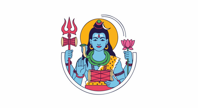 Stylized blue deity with trident, lotus, and drum in circle
