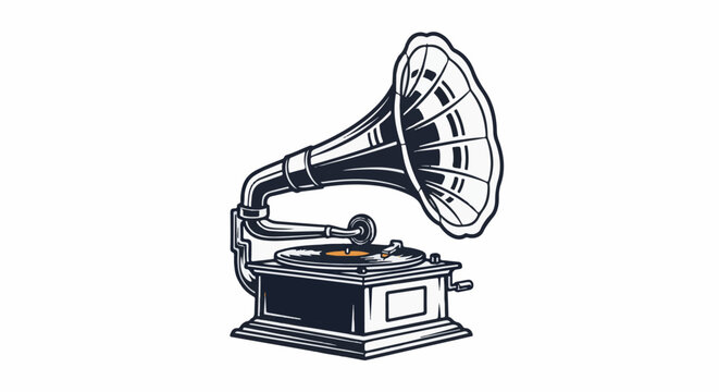 Retro gramophone playing music on a turntable with a large horn