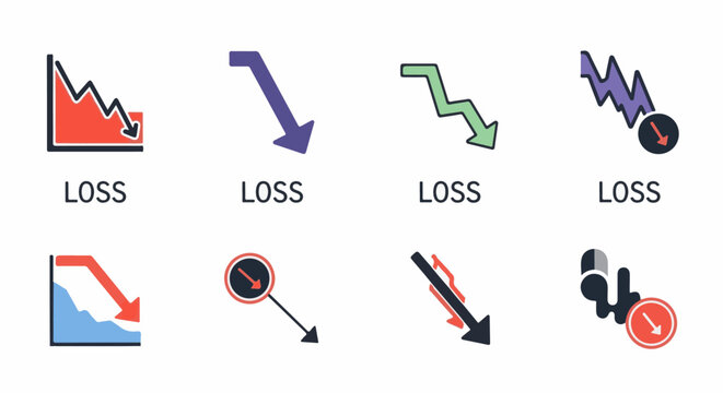 Diverse icons representing financial downturns with downward trending arrows