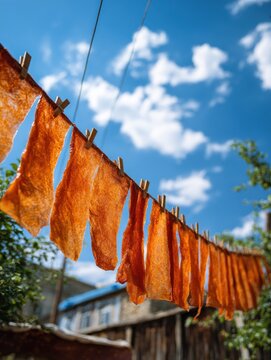Traditional Georgian Tklapi Dried Plum Sheets Hanging Outdoors in Summer Sunlight