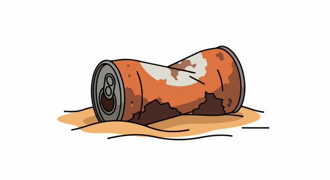 A crushed, rusty beverage can lies abandoned on sandy ground