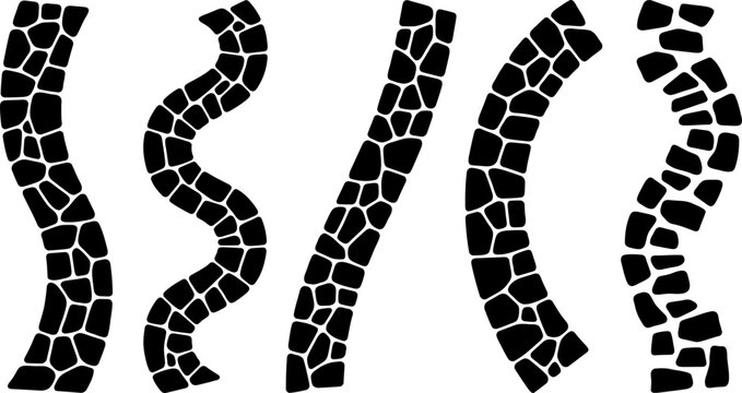 Five unique stone path vector illustrations featuring winding walkways constructed from irregular black cobblestone shapes for creative landscape design projects