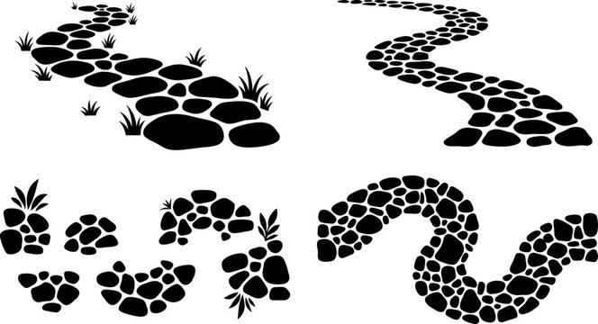 Set of winding stone path silhouettes featuring various garden walkway designs created as a clean black and white vector illustration