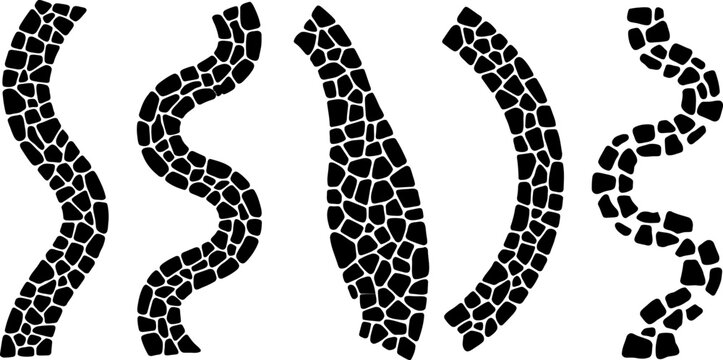 Various black cobblestone path sections arranged as abstract vector elements for creative landscaping and architectural pavement design project graphic layouts
