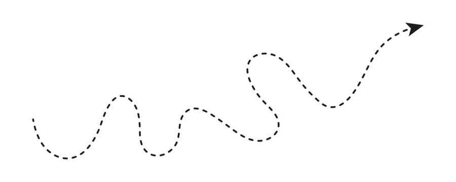Black dotted squiggle line dashed arrows. Wavy and curved dashed arrow isolated on transparent background. Vector Illustration