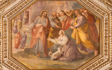 Fototapeta premium Salerno - The ceiling fresco of Healing of the Woman with the Issue of Blood in the crypt of Cathedral of St. Matthew by Belisario Corenzio (1558–1646)